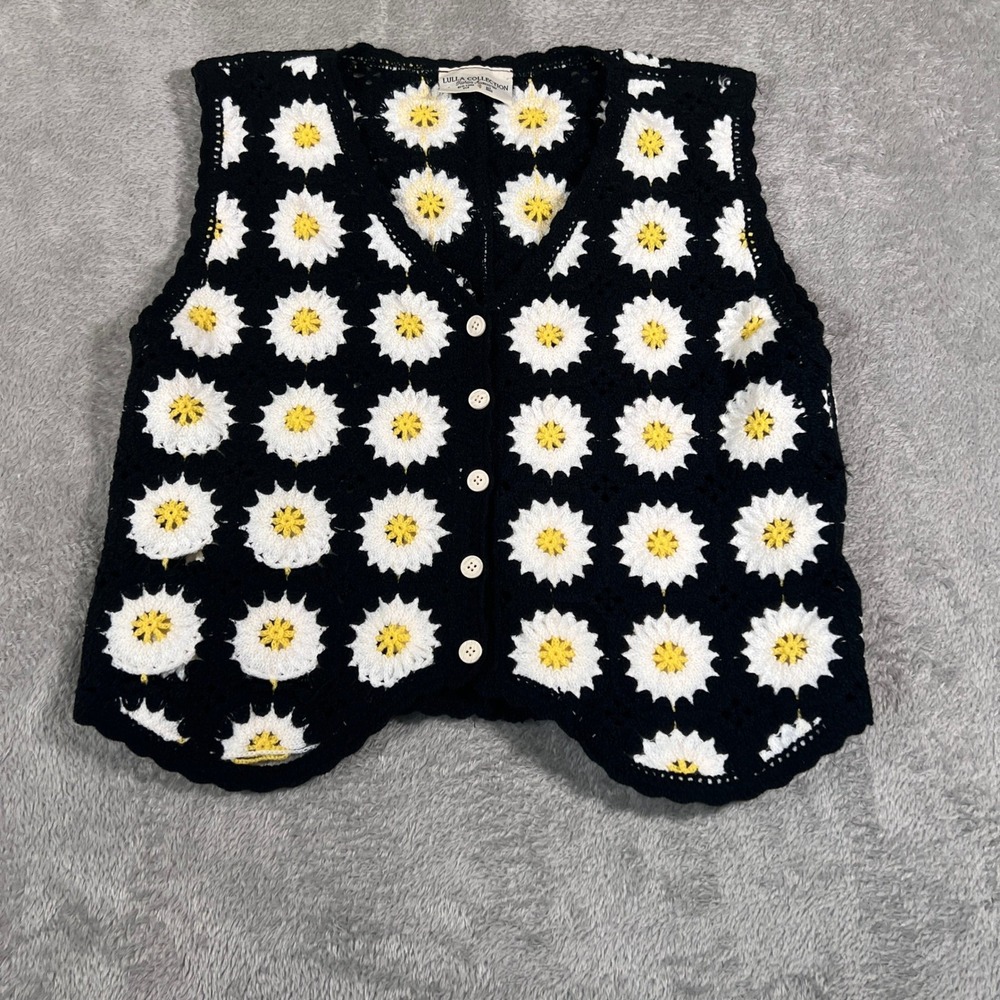 Lulla Collection Crochet Vest Womens‎ Small Black Daisy Square Button Up Granny
